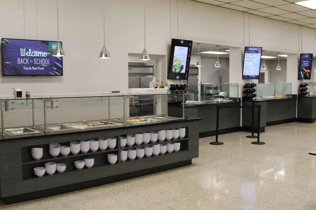 View of serving line in cafeteria